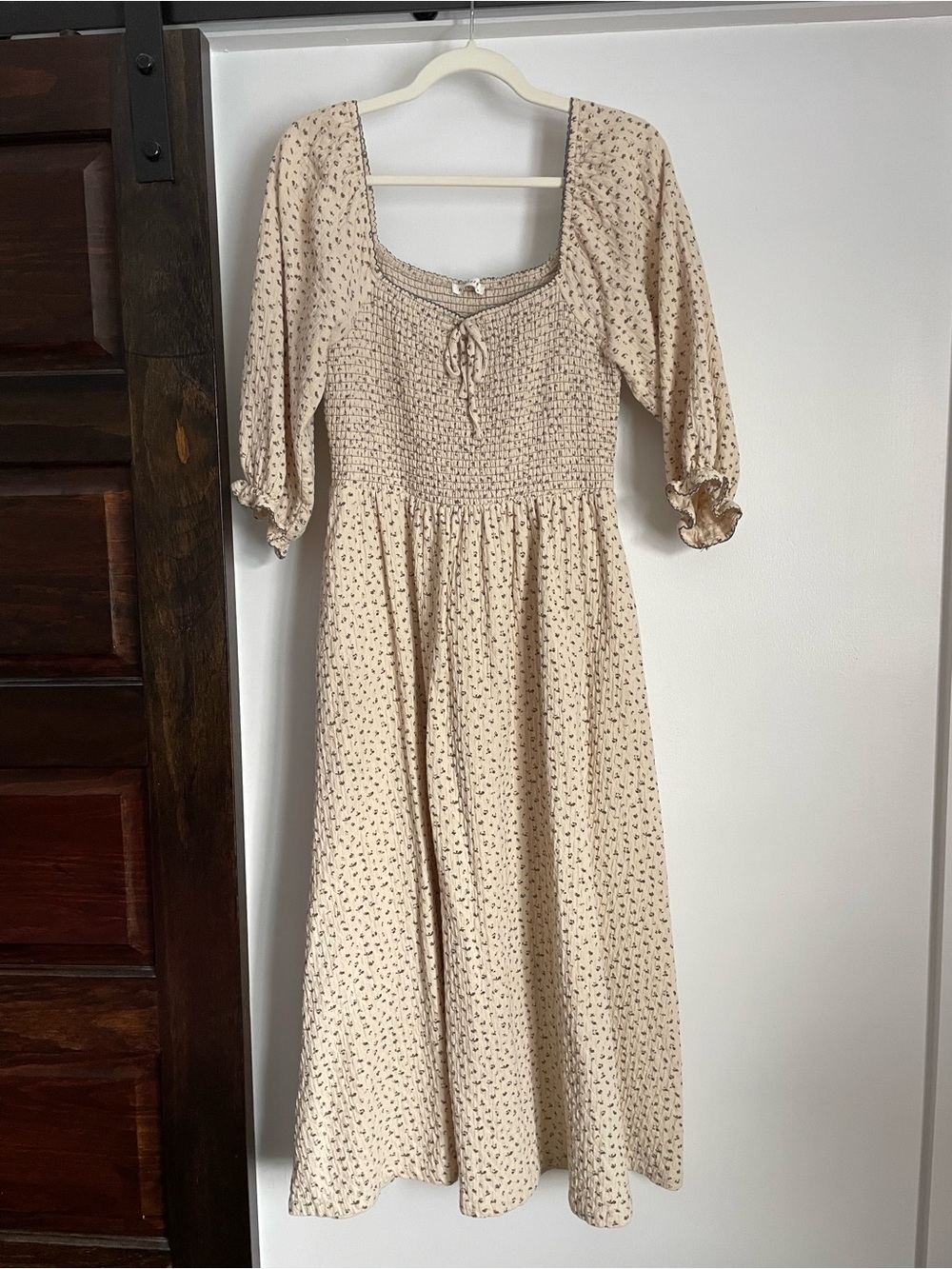 Neuflora Cream & Gray Floral Midi Dress with Smocked Bodice